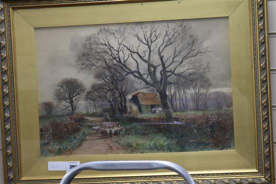 Henry Charles Fox Shepherd and flock on a lane 14.5 x 21.5in.